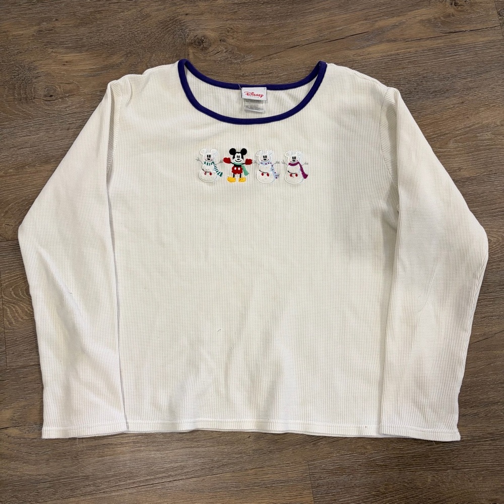 Disney White Long Sleeve Kids Shirt with Christmas Mickey & Snowmen FLAW - Sz XL